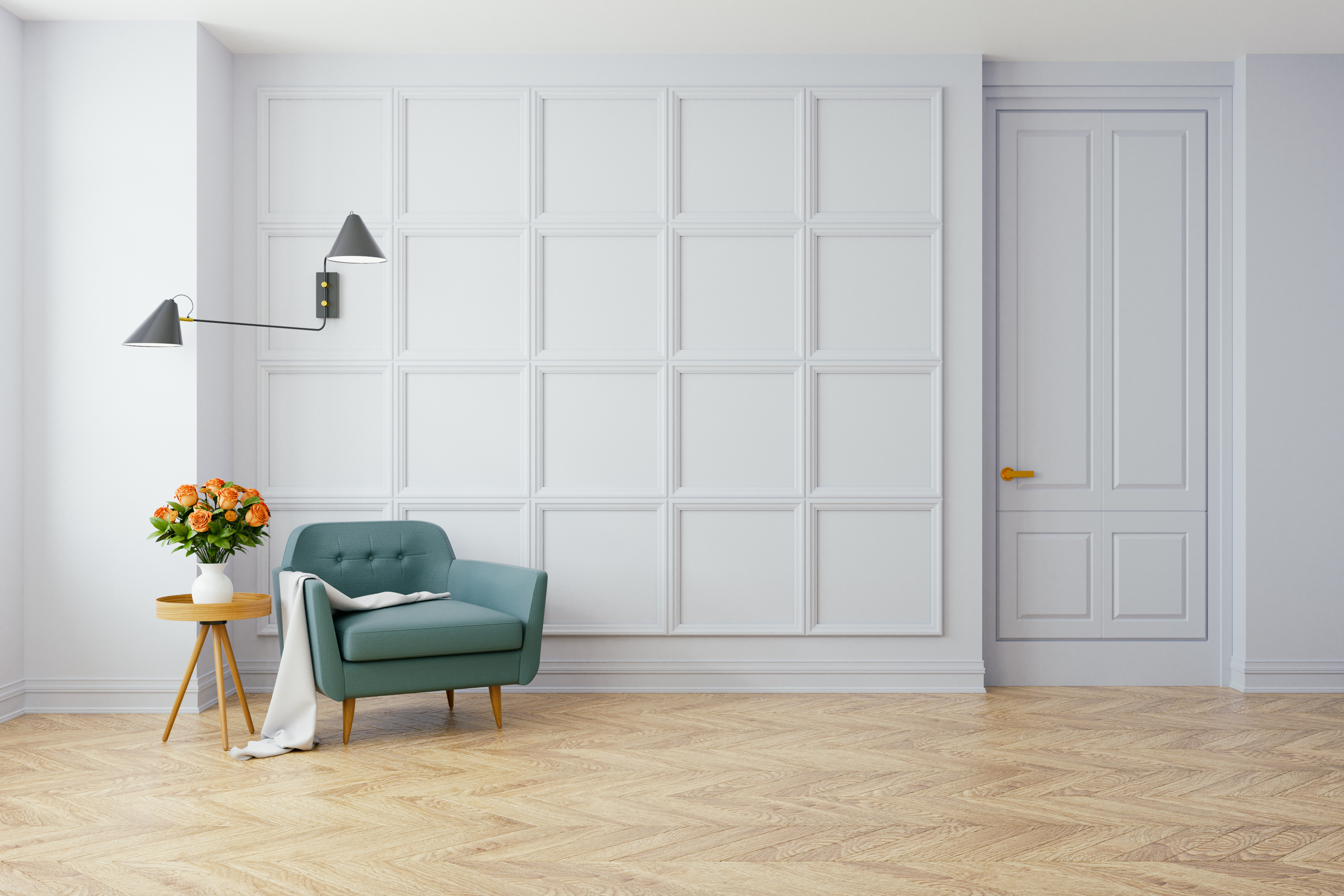 Salon lumineux avec fauteuil vert