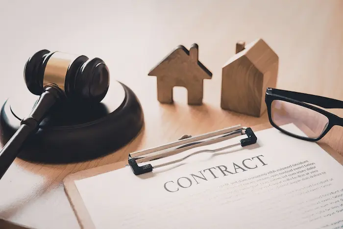 Contrat immobilier avec gavel et lunettes, symbole de négociation des frais de notaire pour achat immobilier.