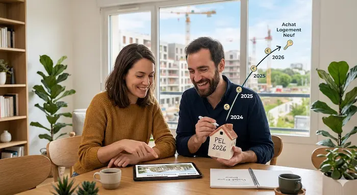 Un couple heureux consulte une tablette affichant un projet immobilier neuf d'Elyne Immo, tout en épargnant dans une tirelire en forme de maison marquée "PEL 2026",